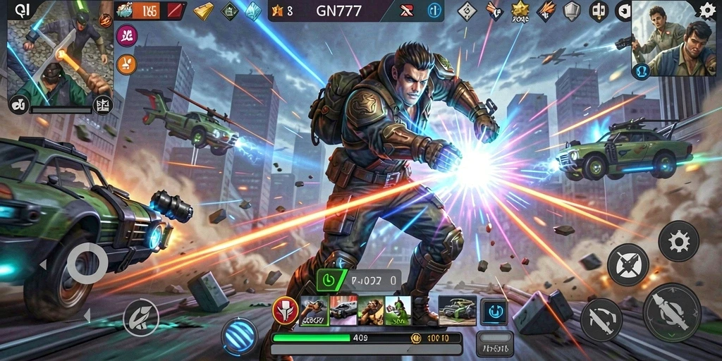 Screenshot menunjukkan aksi pertempuran intens dalam GN777.