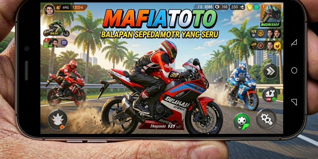 Tampilan gameplay MAFIATOTO dengan aksi balapan sepeda motor yang intens.