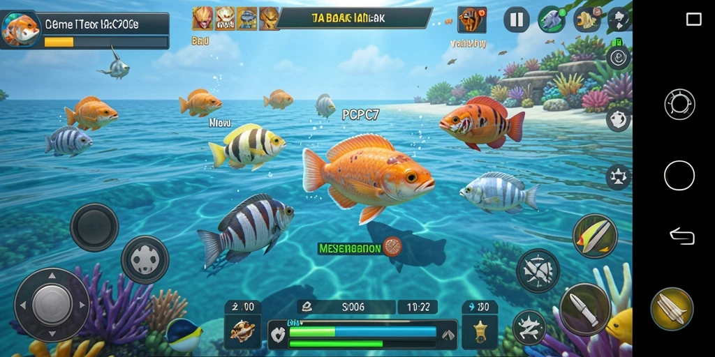 Tampilan gameplay seru dalam PCPC7 saat menembak ikan warna-warni.