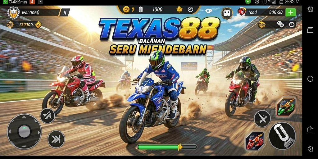 Screenshot dari gameplay mendebarkan TEXAS88 saat balapan motor.